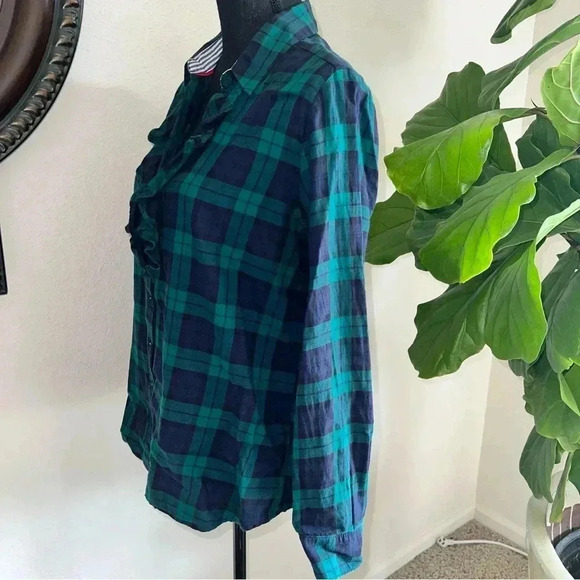 Tommy Hilfiger Women’s TarTan Green Plaid Ruffle Front Slit Neck Blouse … - Picture 12 of 16